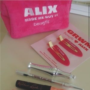 NWT Benefit ALIX EARLE Made Me Buy It Pink Terry Cosmetics Bag & Hair Clips